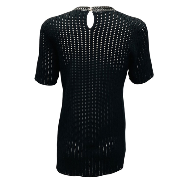 LOUIS VUITTON BLACK FAUX LEATHER WHIPSTITCH TRIMMED PERFORATED KNIT TOP - Picture 3 of 4